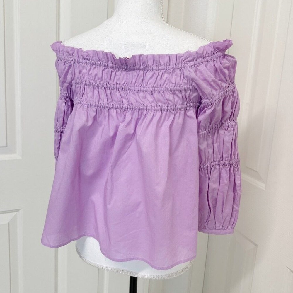 Vince Camuto Cotton Smocked Off The Shoulder Shirt Pullover Top Soft Iris XS - Picture 3 of 5
